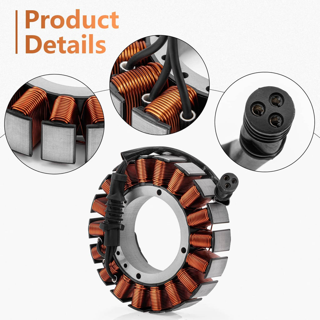 Motorcycle stator detail view with orange copper windings, gray plates, and black connector