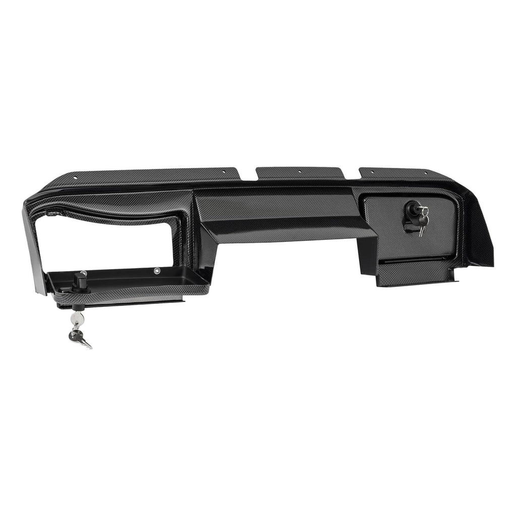 Angled view of black carbon-fiber style dash board cover with side doors and key hole