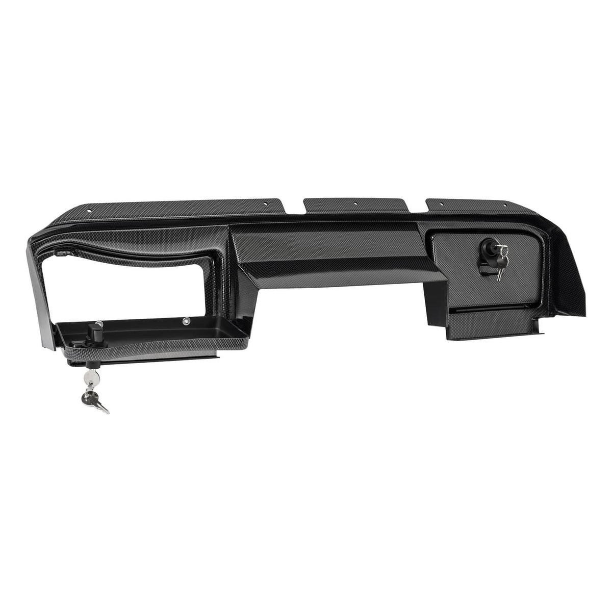 Angled view of black carbon-fiber style dash board cover with side doors and key hole