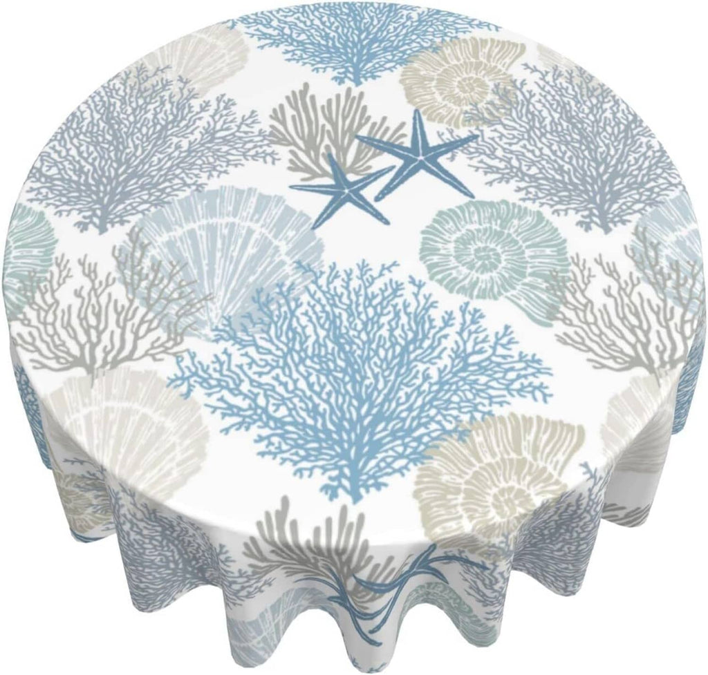 Nautical beach round tablecloth featuring blue sea fans, corals, and starfish
