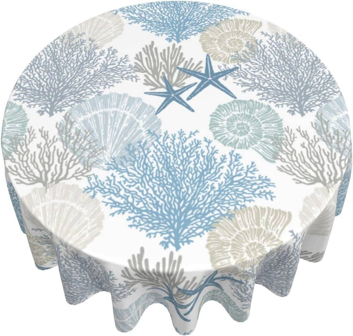 Nautical beach round tablecloth featuring blue sea fans, corals, and starfish