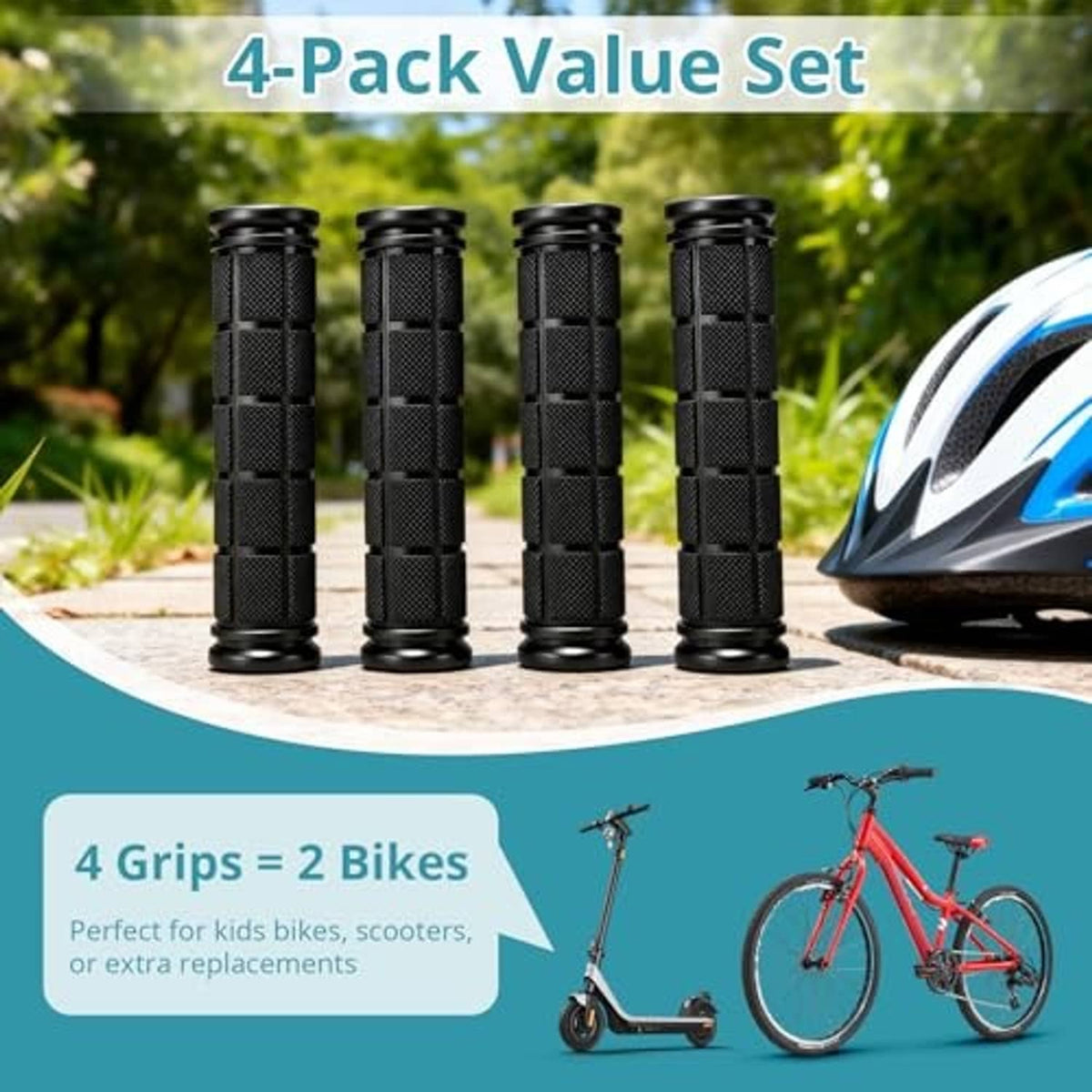 4-pack black textured rubber bike handlebar grips with end caps