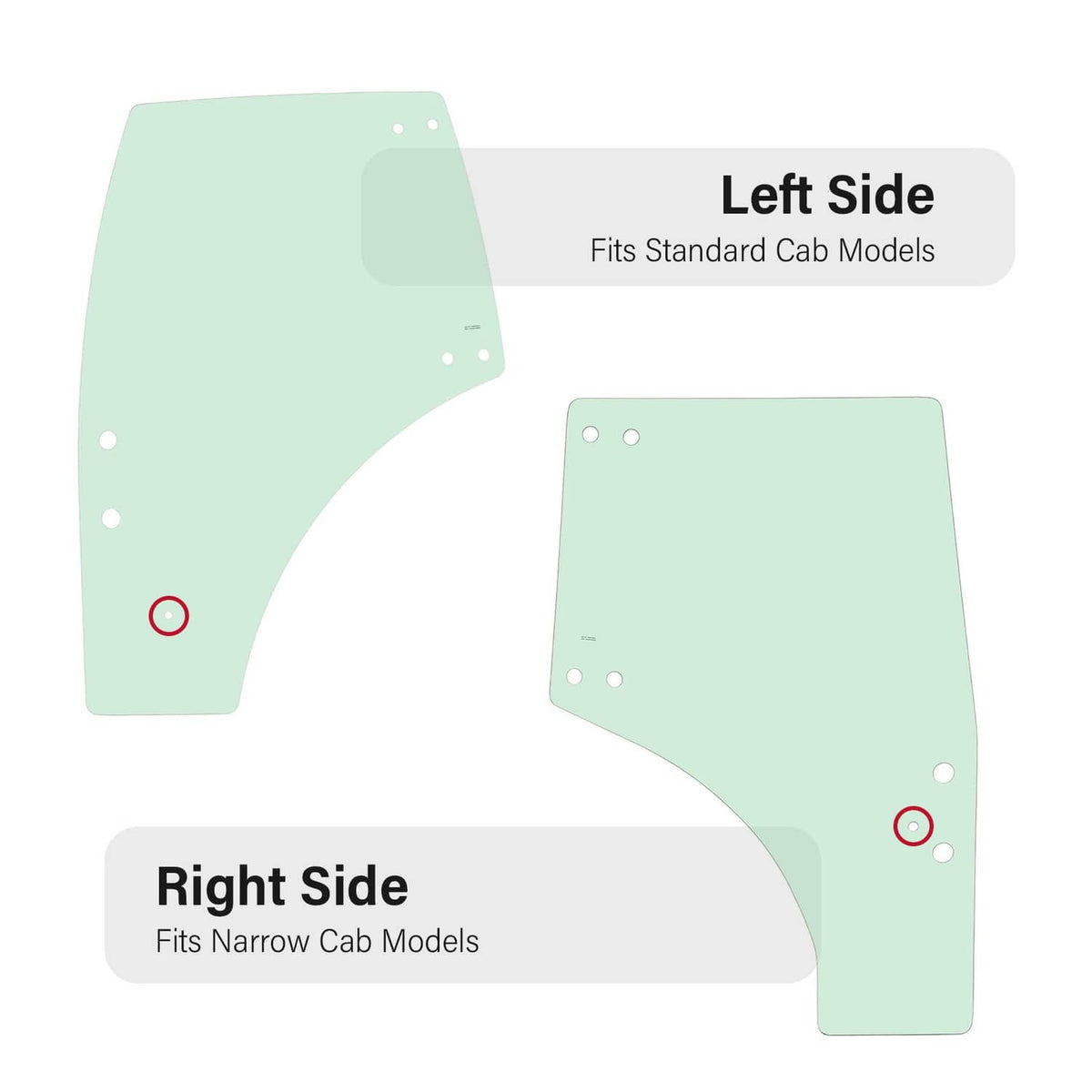 Right side cab door glass silhouette with mounting holes