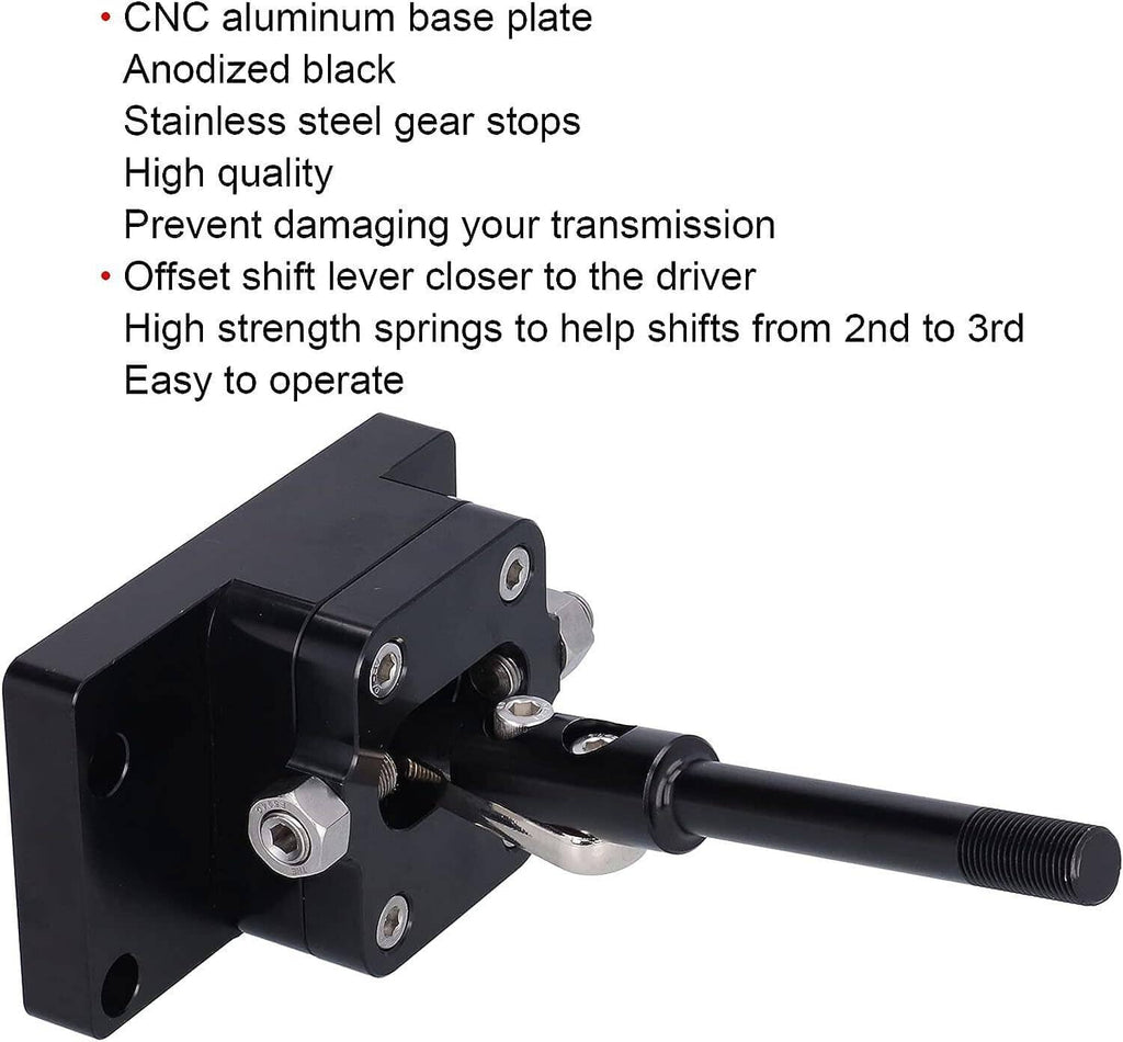 Black billet short throw shifter with CNC base plate, threaded lever, and steel hardware