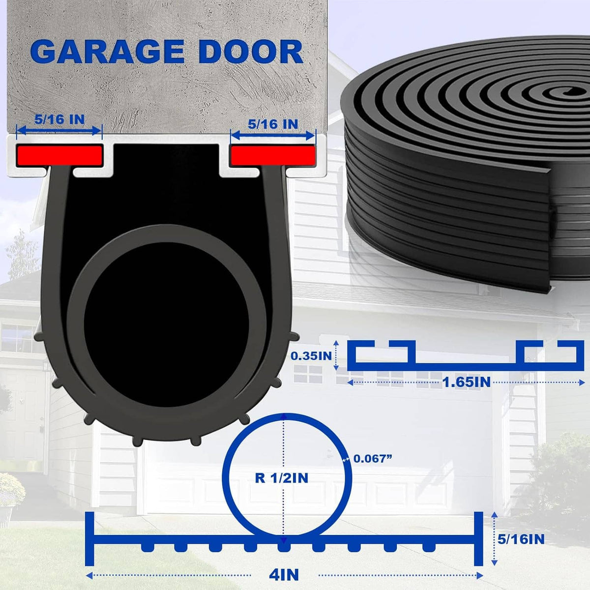 Black round-bulb garage door bottom seal strip, flexible coil section