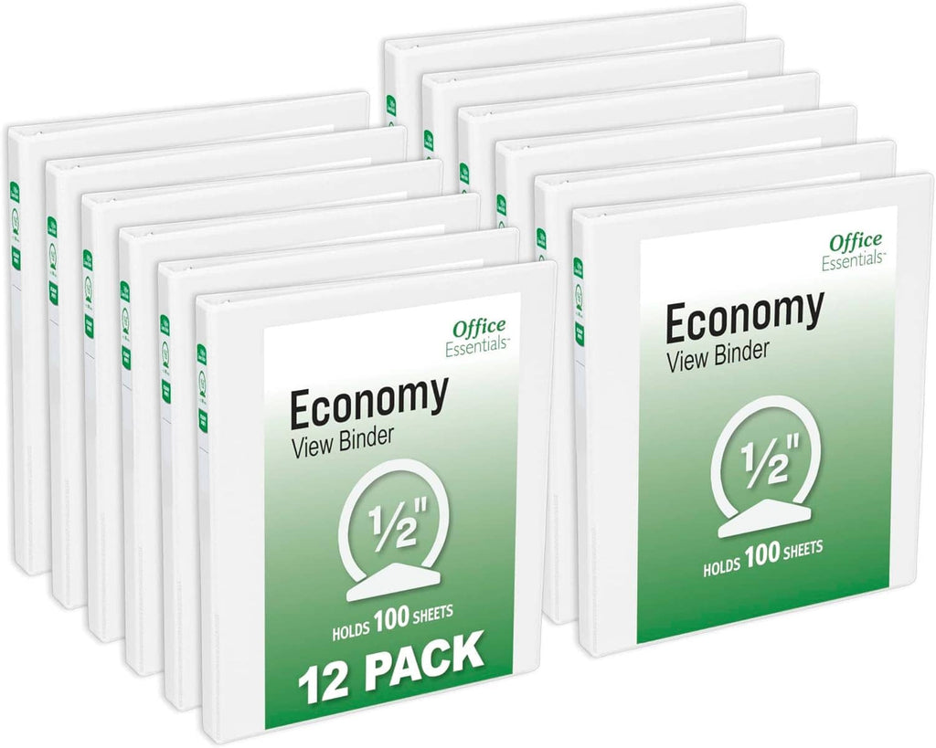 White economy view binder set with 1/2 inch round rings, holds 100 sheets, 12-pack