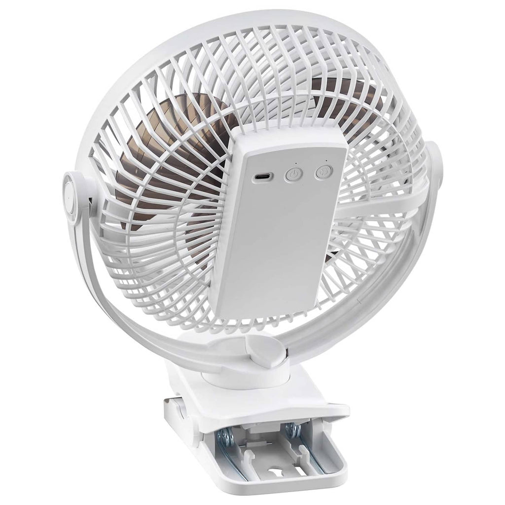 White portable USB fan close-up showing control buttons and front grille