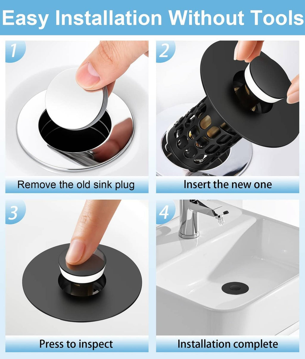 Black bathroom sink stopper installation sequence with hands fitting the strainer