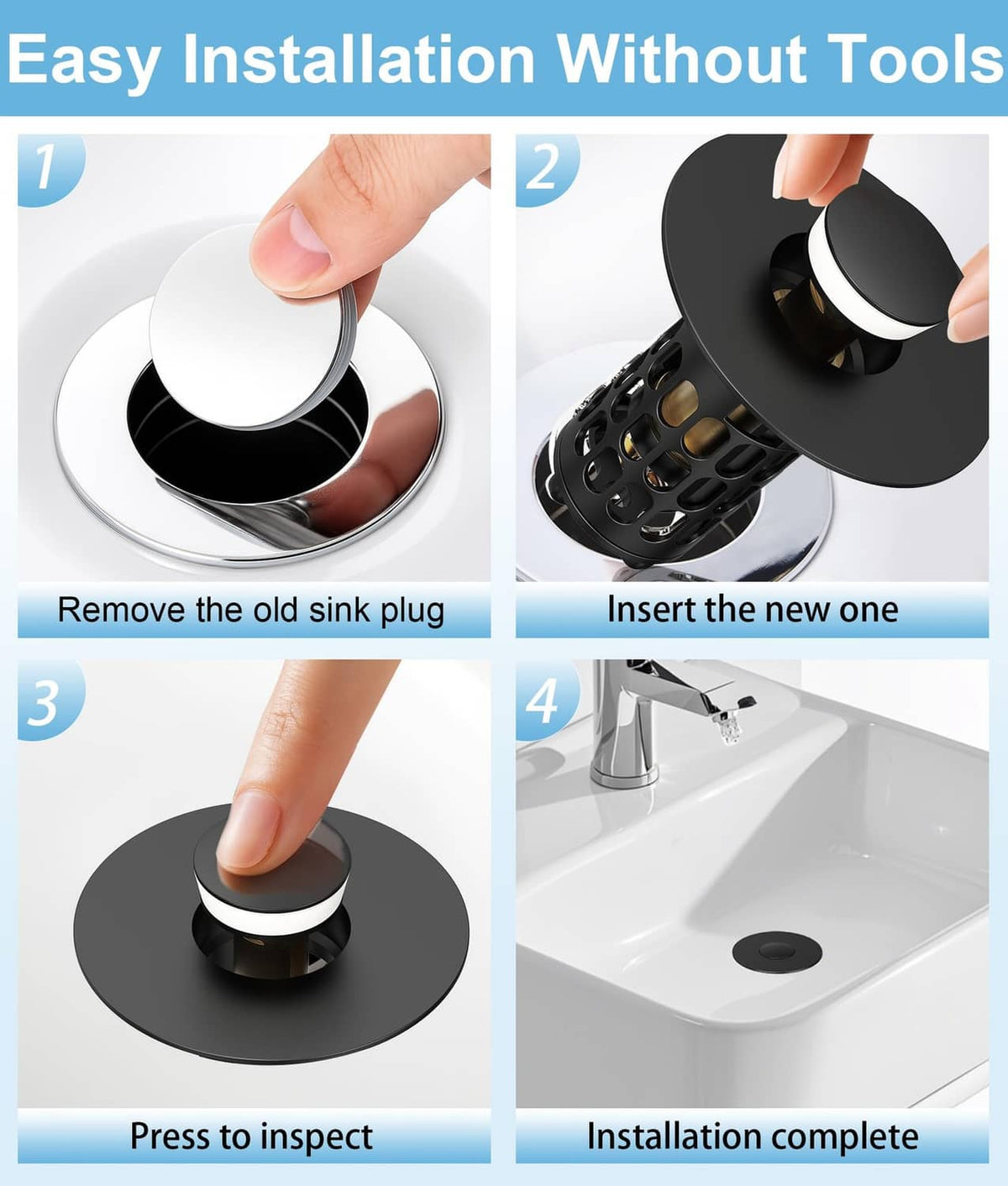 Black bathroom sink stopper installation sequence with hands fitting the strainer