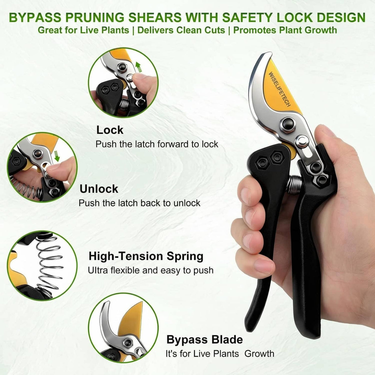 Bypass pruning shears with safety lock on black handle, held in hand