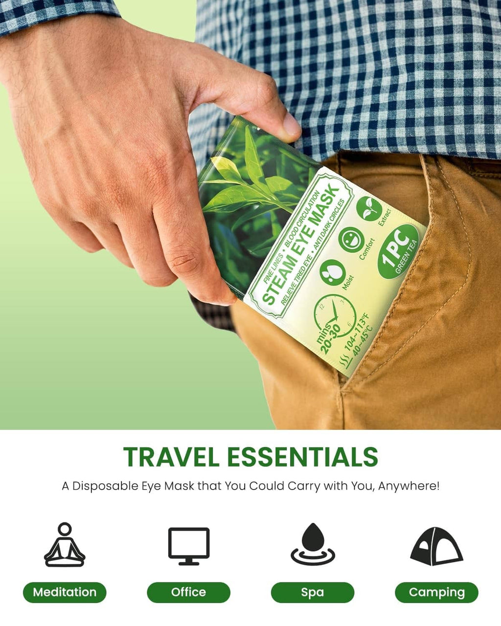 Green tea steam eye mask box held in hand with a white leaf-patterned eye pad