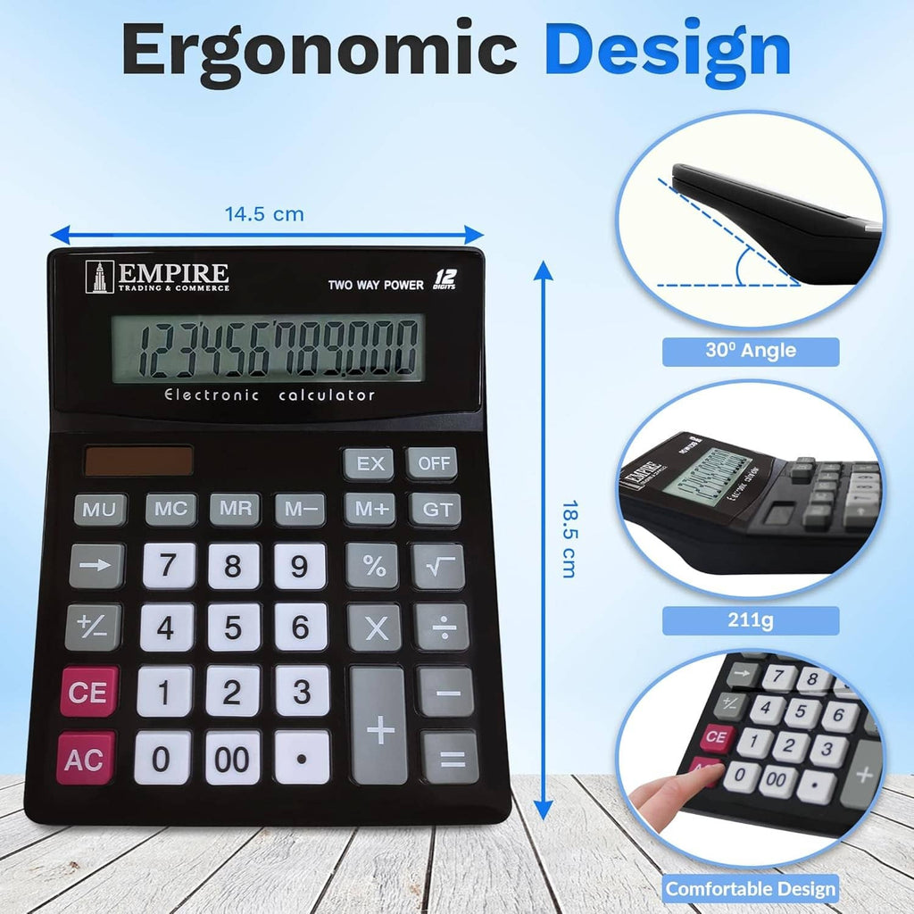 Black electronic desk calculator with angled panel and LCD display