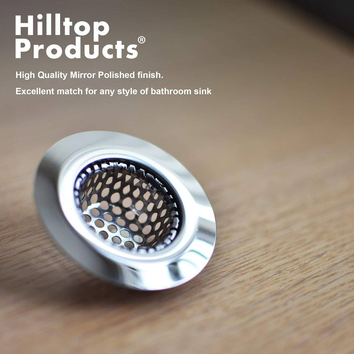 Round mirror-polished stainless sink strainer with perforated center basket in close-up