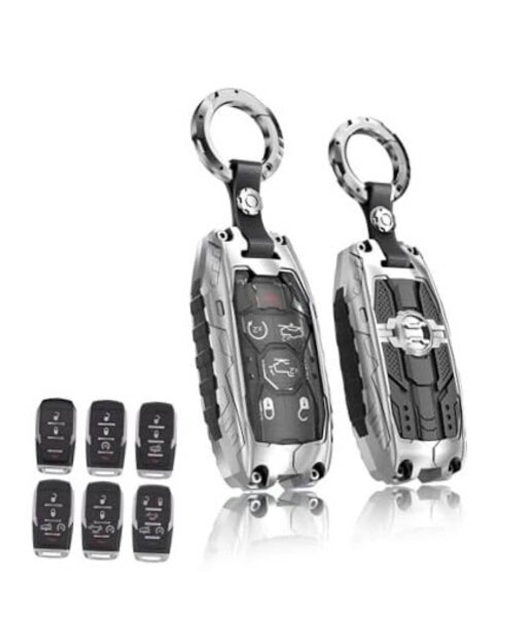 Silver key fob cover case protector with key ring, remote button layout, two angles