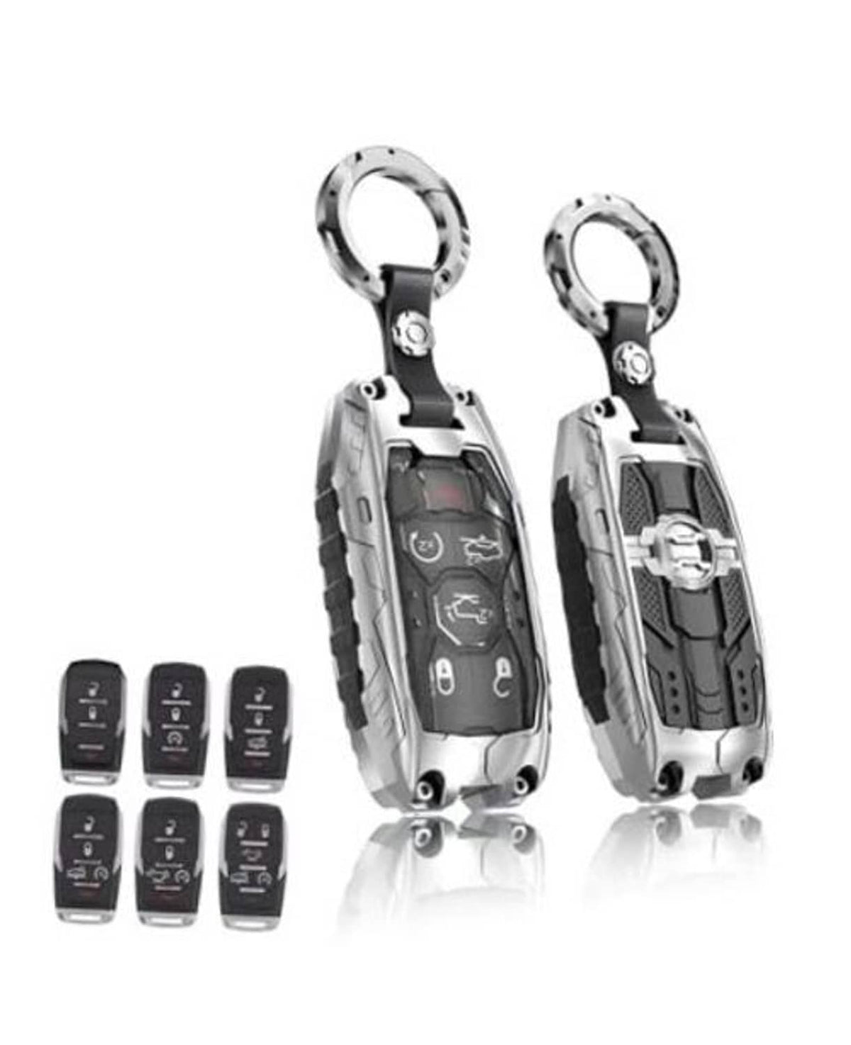Silver key fob cover case protector with key ring, remote button layout, two angles