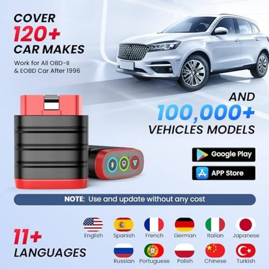 Thinkdiag Mini OBD2 scanner with red-black body beside white car feature graphics