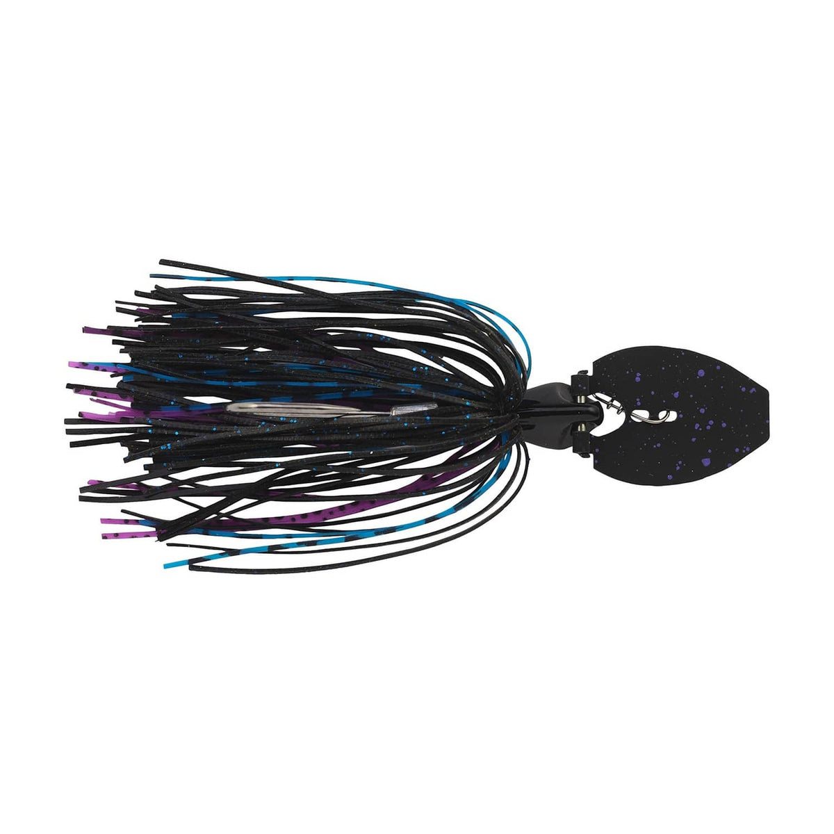 Black and blue bladed fishing jig with purple skirt strands and wide blade
