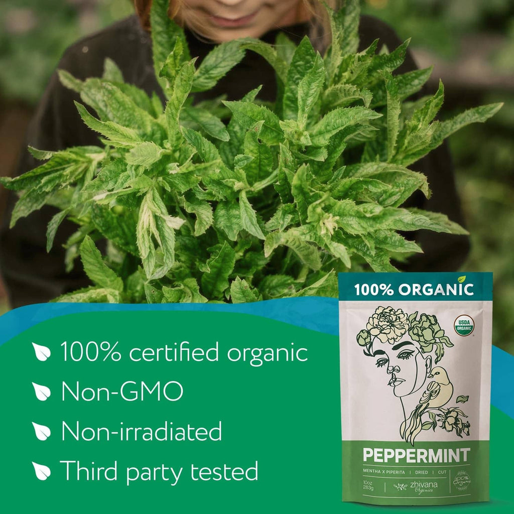 Organic peppermint tea loose leaf pouch beside fresh green peppermint leaves