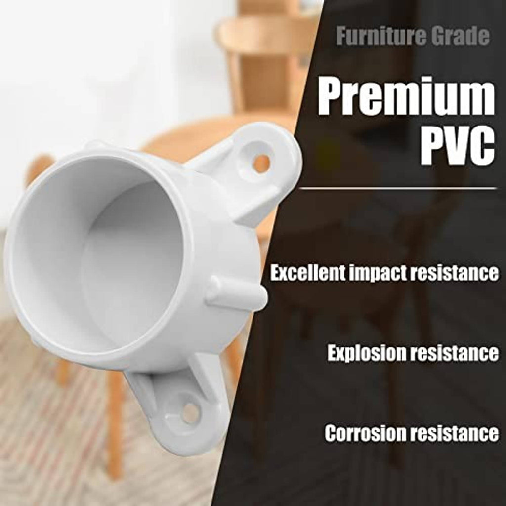 White PVC table leg cap fitting attached to a wooden furniture leg