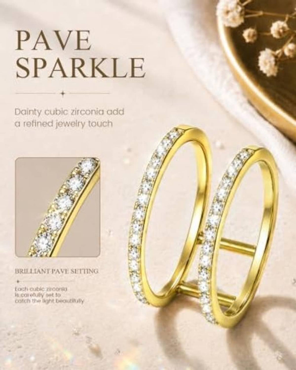 Gold smart ring jacket with pavé cubic zirconia stones, shown as two slim rings