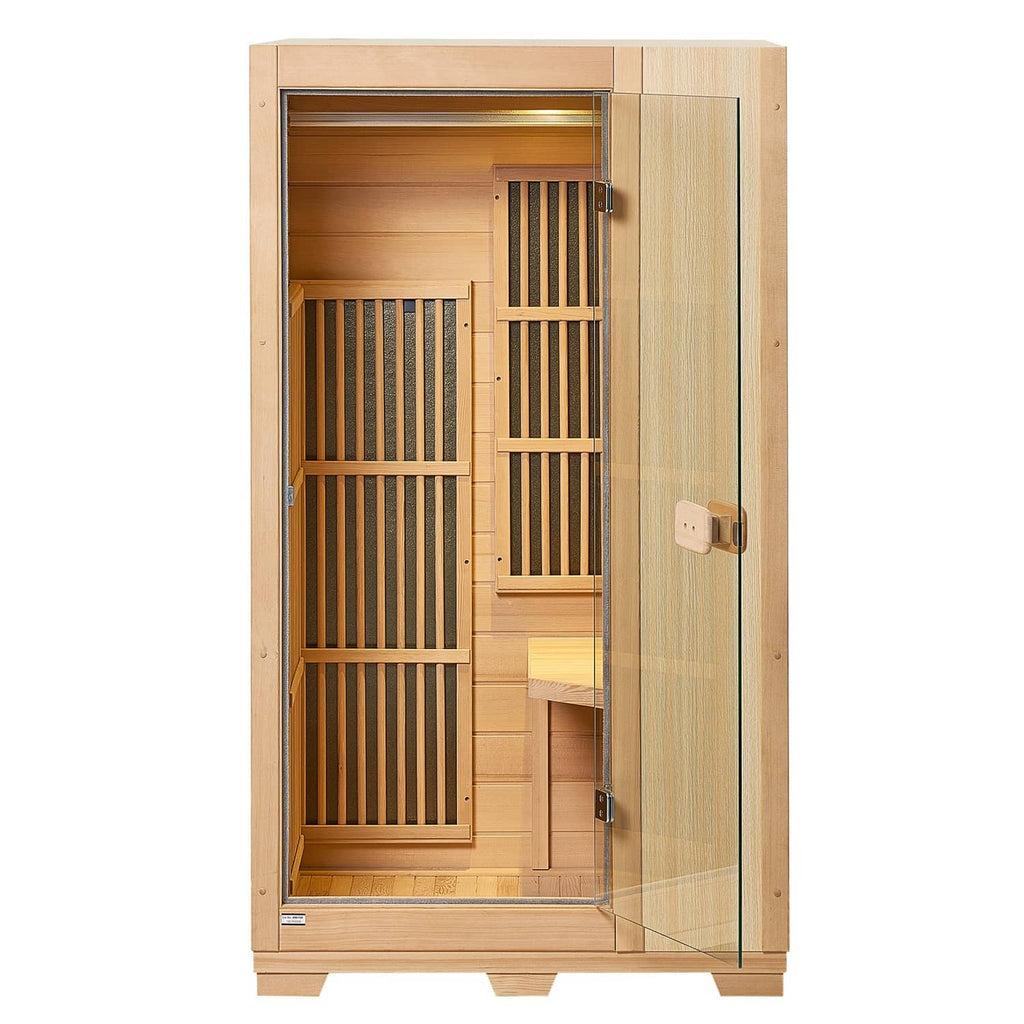 1-person wooden infrared sauna, partially open door with control panel and bench