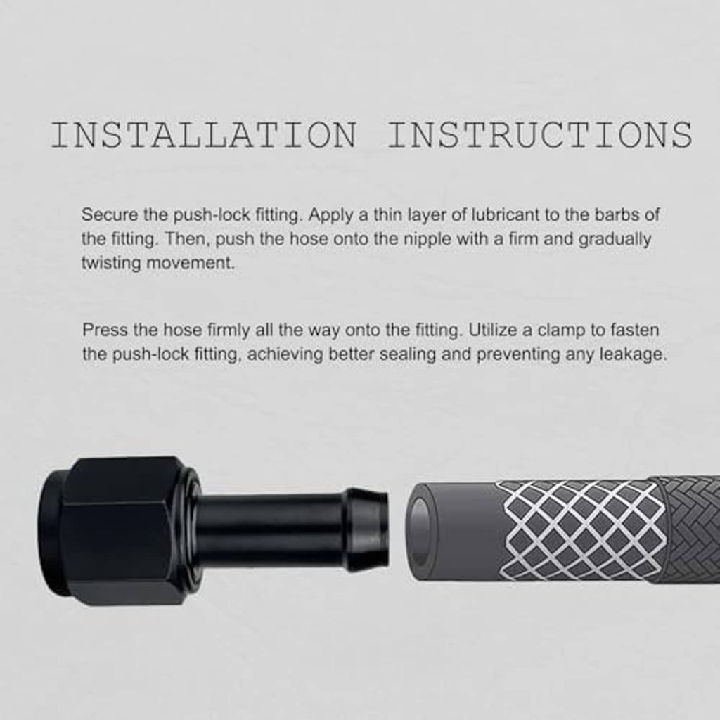 Black 10AN female to 3/8" barb hose adapter with hose pushed on