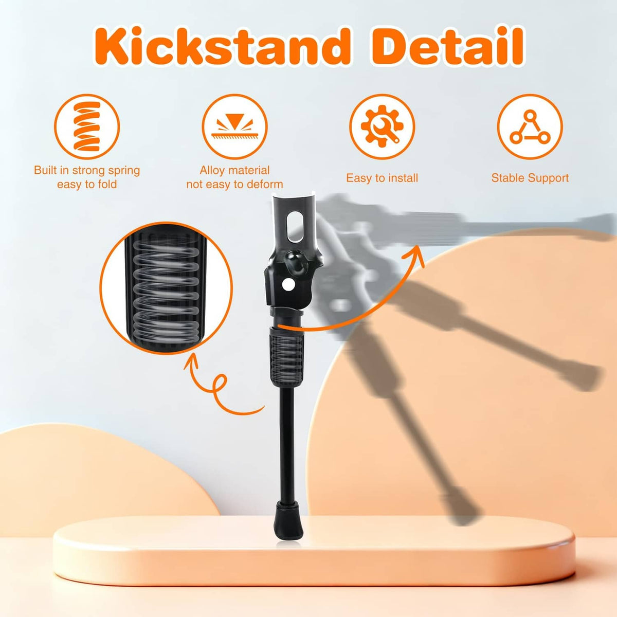 Black bike kickstand detail with spring and ridged locking section