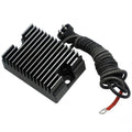 Black voltage regulator rectifier with finned heatsink and bundled wire harness