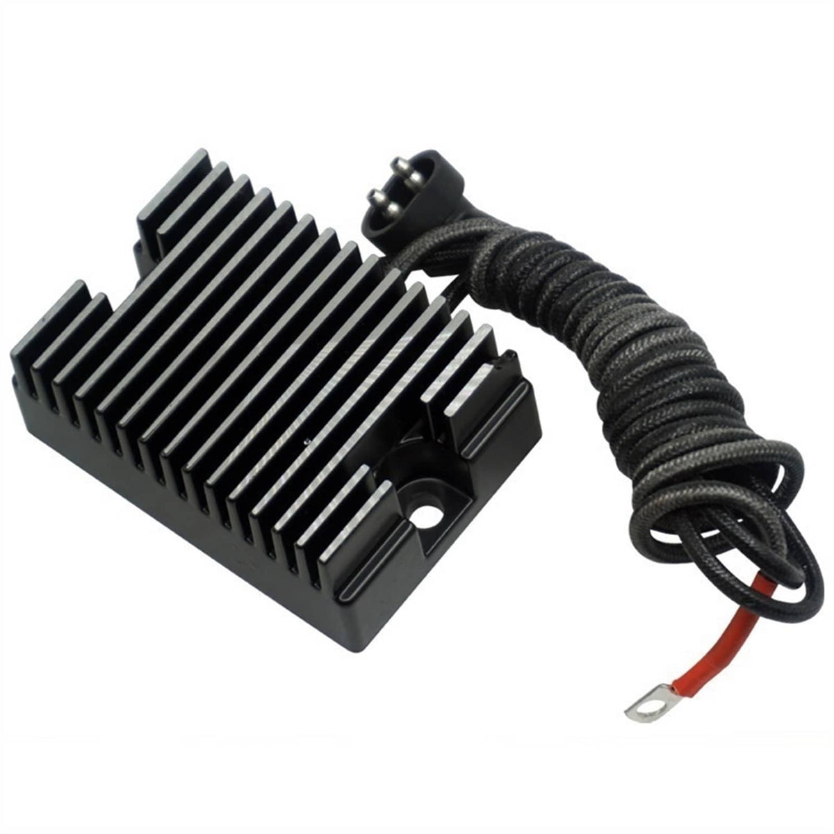 Black voltage regulator rectifier with finned heatsink and bundled wire harness