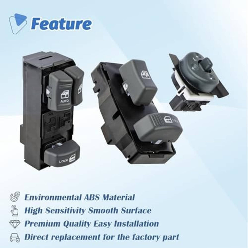 Power window switch with mirror control dial and window lock button components