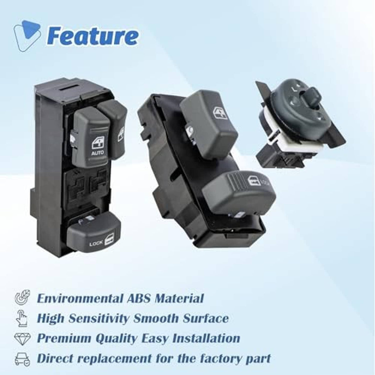 Power window switch with mirror control dial and window lock button components