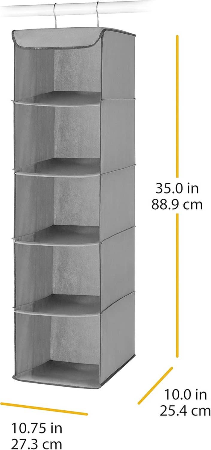Gray hanging closet organizer with metal frame, vertical five-compartment shelving