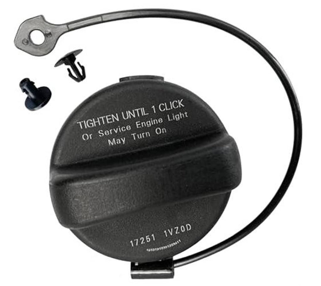 Black fuel gas cap with tether cable and printed markings on underside