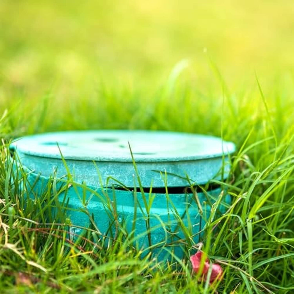 Round PVC pipe end cap plug covering pipe end in outdoor grass