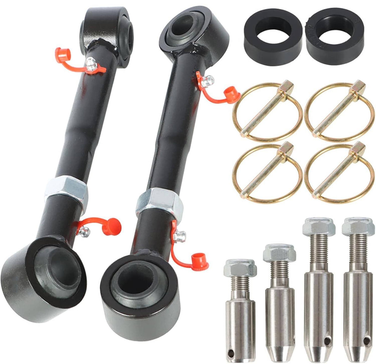 Front sway bar link disconnects with black bars, red clips, and mounting hardware