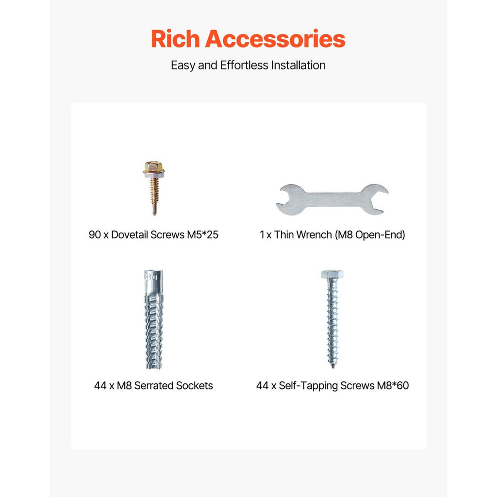 Fence post base kit accessories: dovetail screws, serrated sockets, and wrench