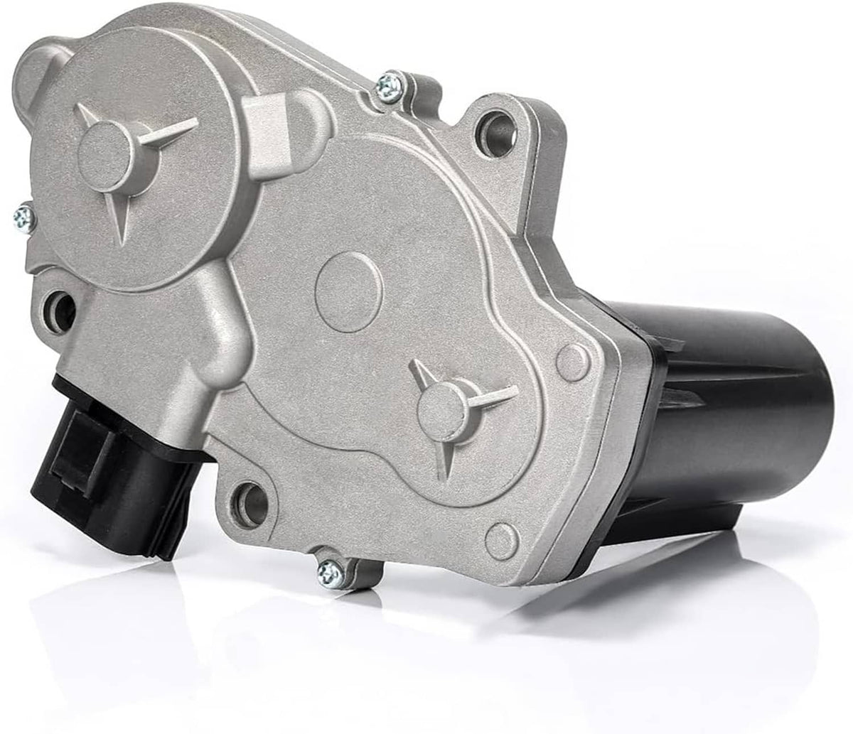 Transfer case shift actuator motor side view with silver circular cover and electrical port
