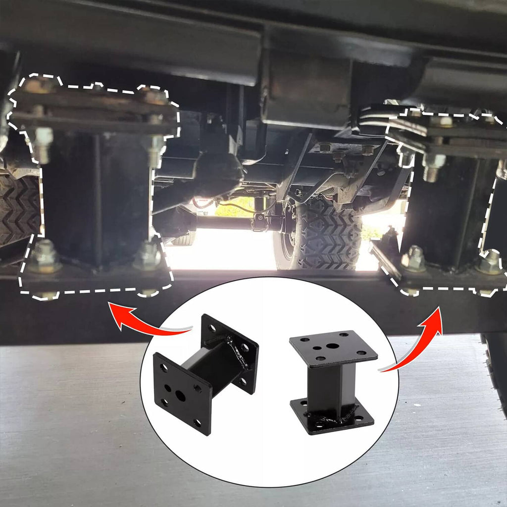 4 in block lift kit under golf cart: brackets and black lift block shown inset