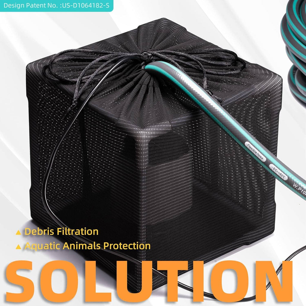 Black fine-mesh pond filter barrier bag with drawstring and attached tubing