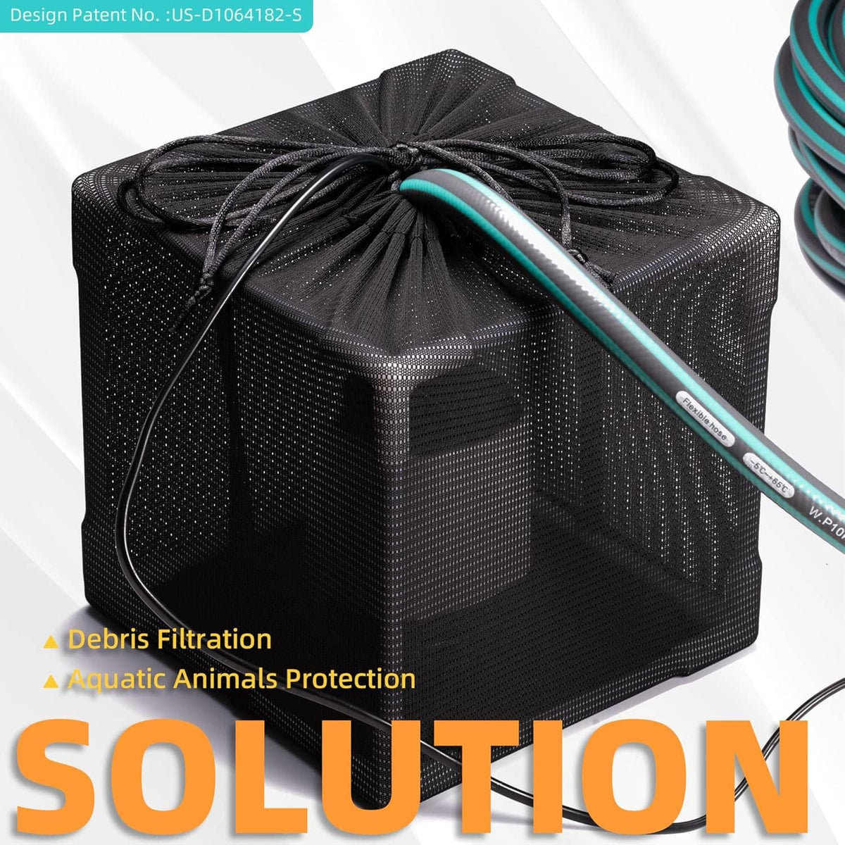 Black fine-mesh pond filter barrier bag with drawstring and attached tubing
