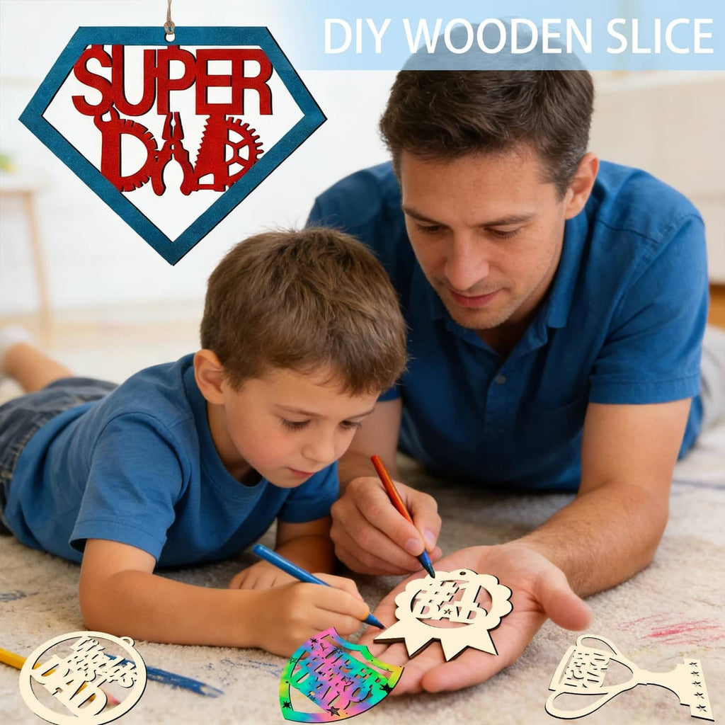 Unfinished wooden Father’s Day ornaments for DIY craft, hanging shapes on wood slice