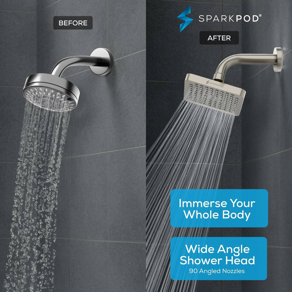 Brushed nickel rain shower head with wide spray and square shower face