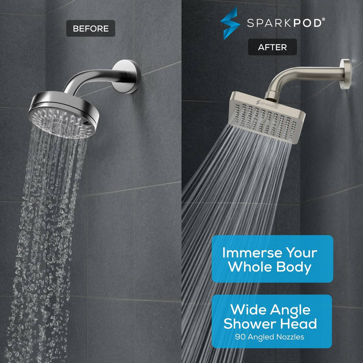 Brushed nickel rain shower head with wide spray and square shower face