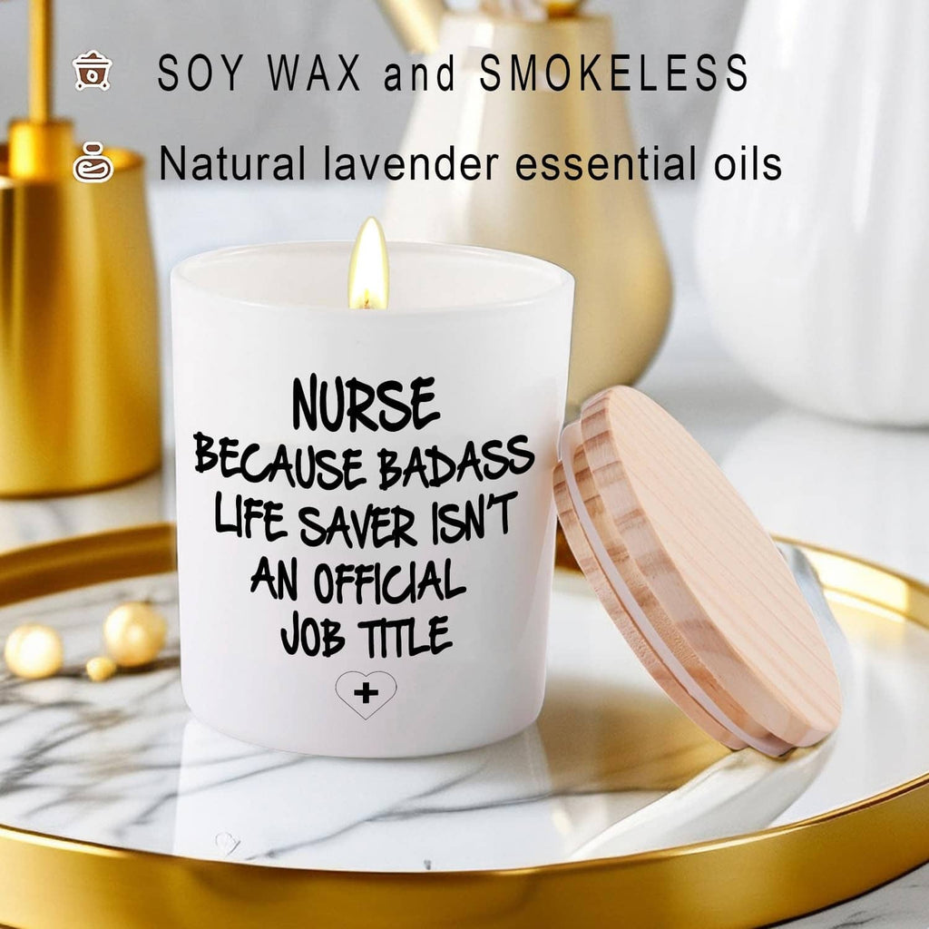 White candle jar, soy wax and smokeless; lavender essential oils; quote and plus icon