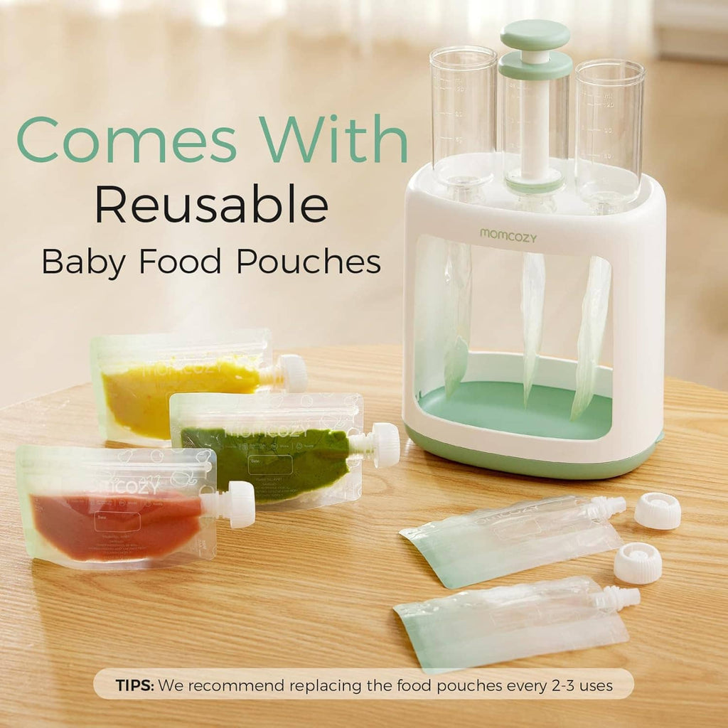 Baby food pouch filler with reusable baby food pouches and assorted puree portions