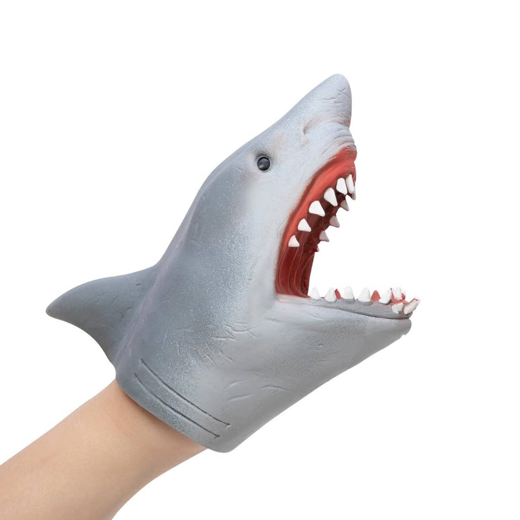 Hand puppet shark side view with open mouth and sharp white teeth