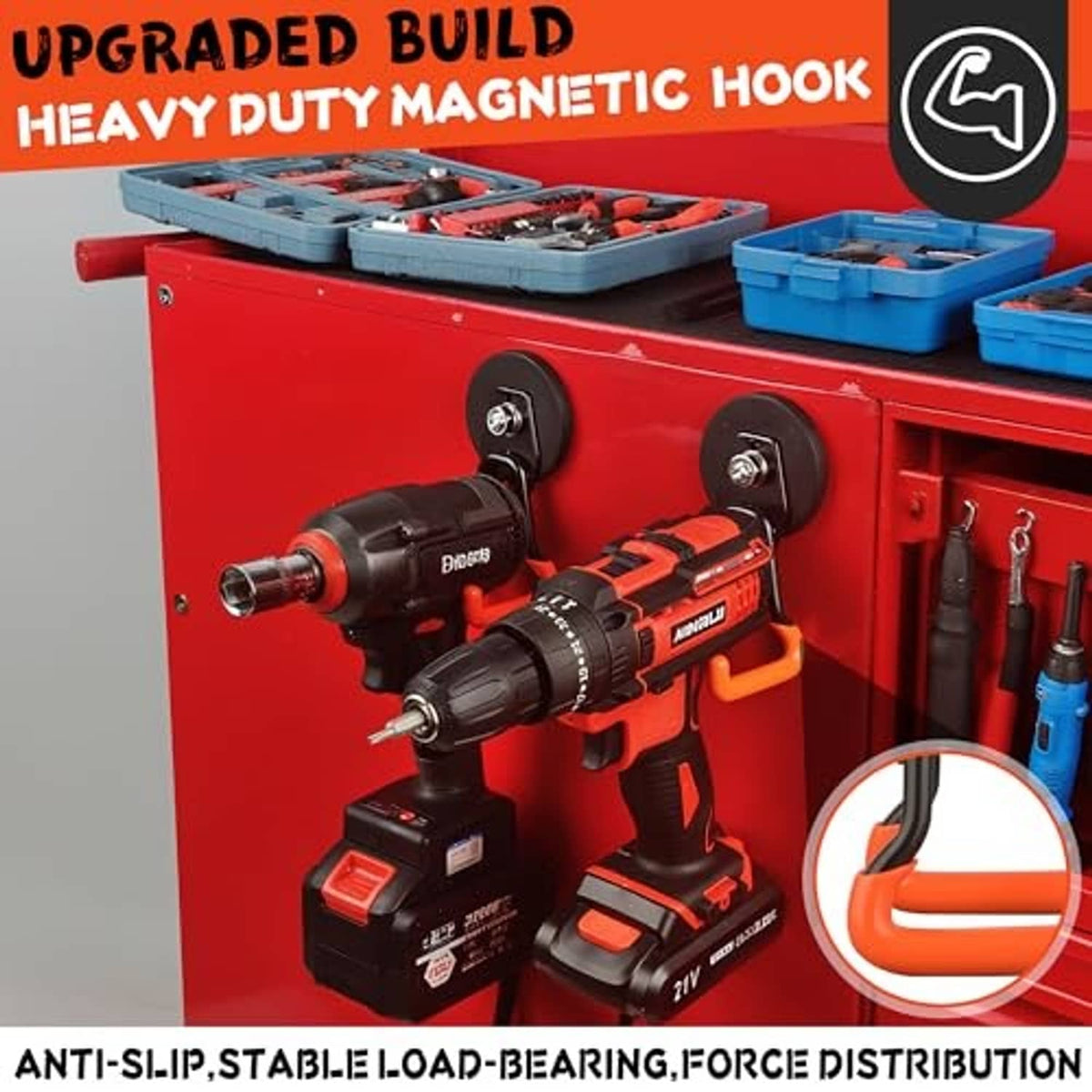 Orange magnetic hooks with black bases attached to a red tool station panel