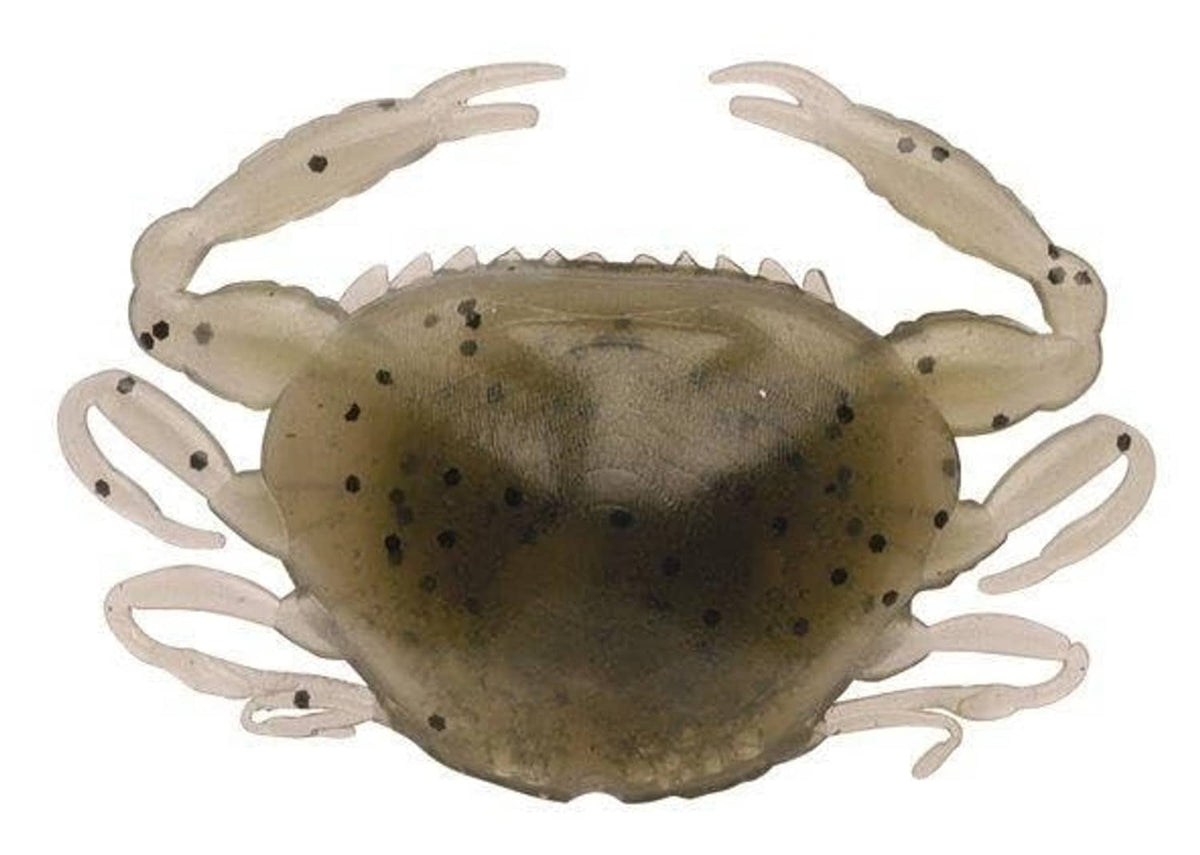 Tan mottled soft crab fishing bait with molded claws and hook rig