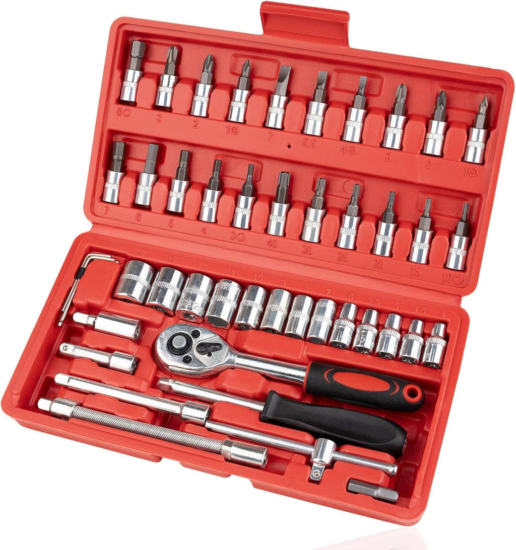 Open red socket set case with ratchet handle, extensions, and assorted chrome sockets