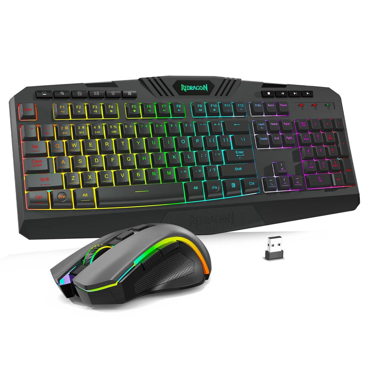 Black RGB gaming keyboard with rainbow keys and black wireless mouse, plus USB dongle